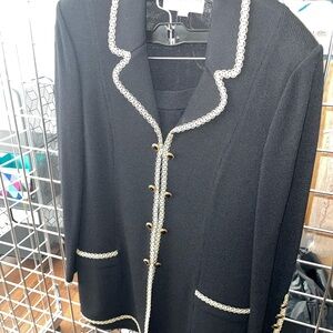 St. John Collection Black Knit Blazer with Cream Chain Trim & Skirt